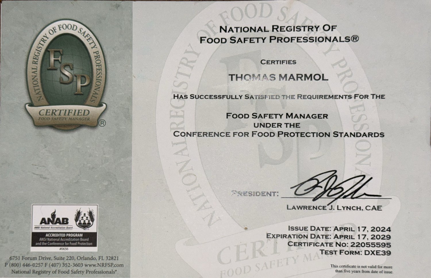 Certified Food Safety Manager